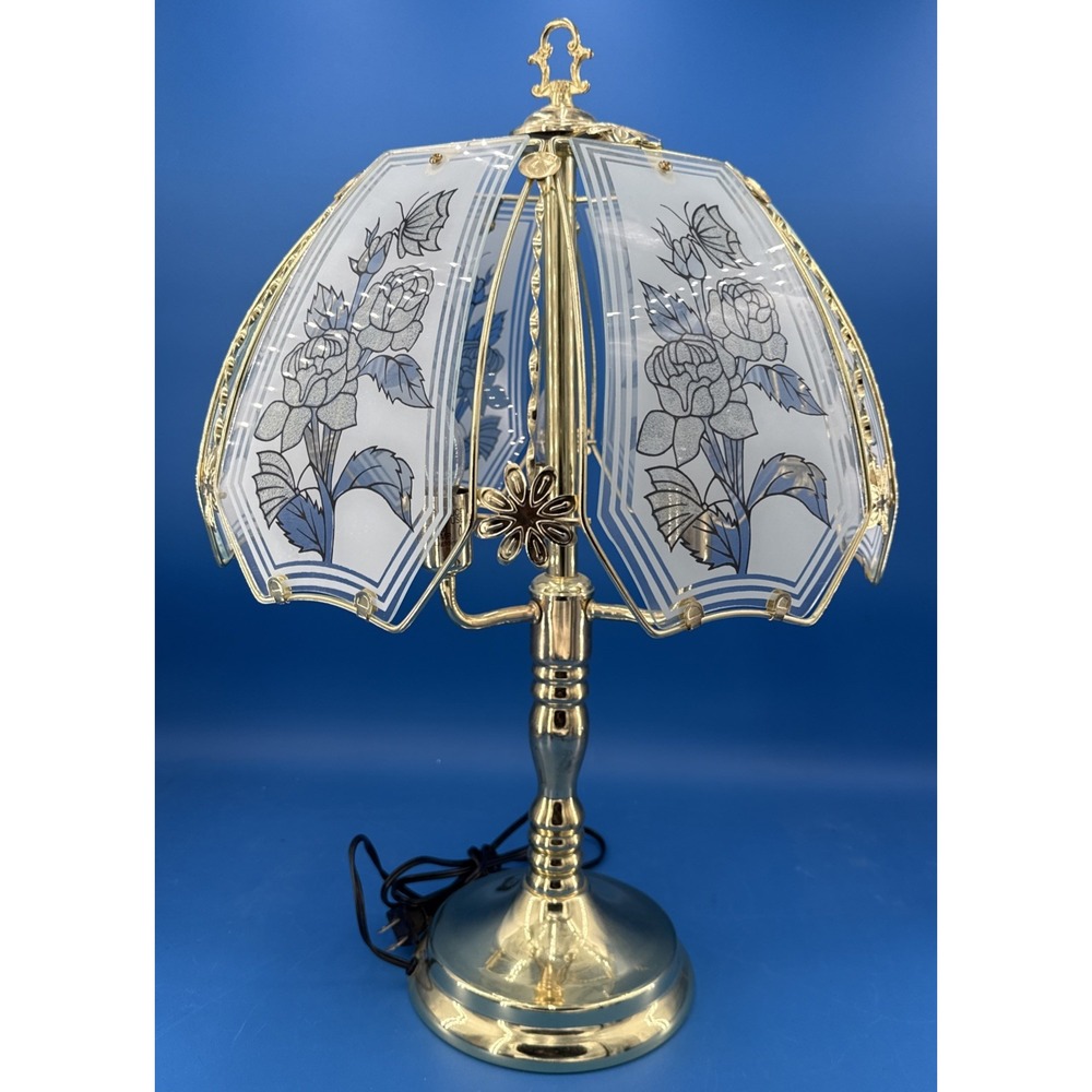 Vtg Touch Lamp-Smoked Glass Panels-Raised Reverse Applied Florals Lg-22Tx13W-EC